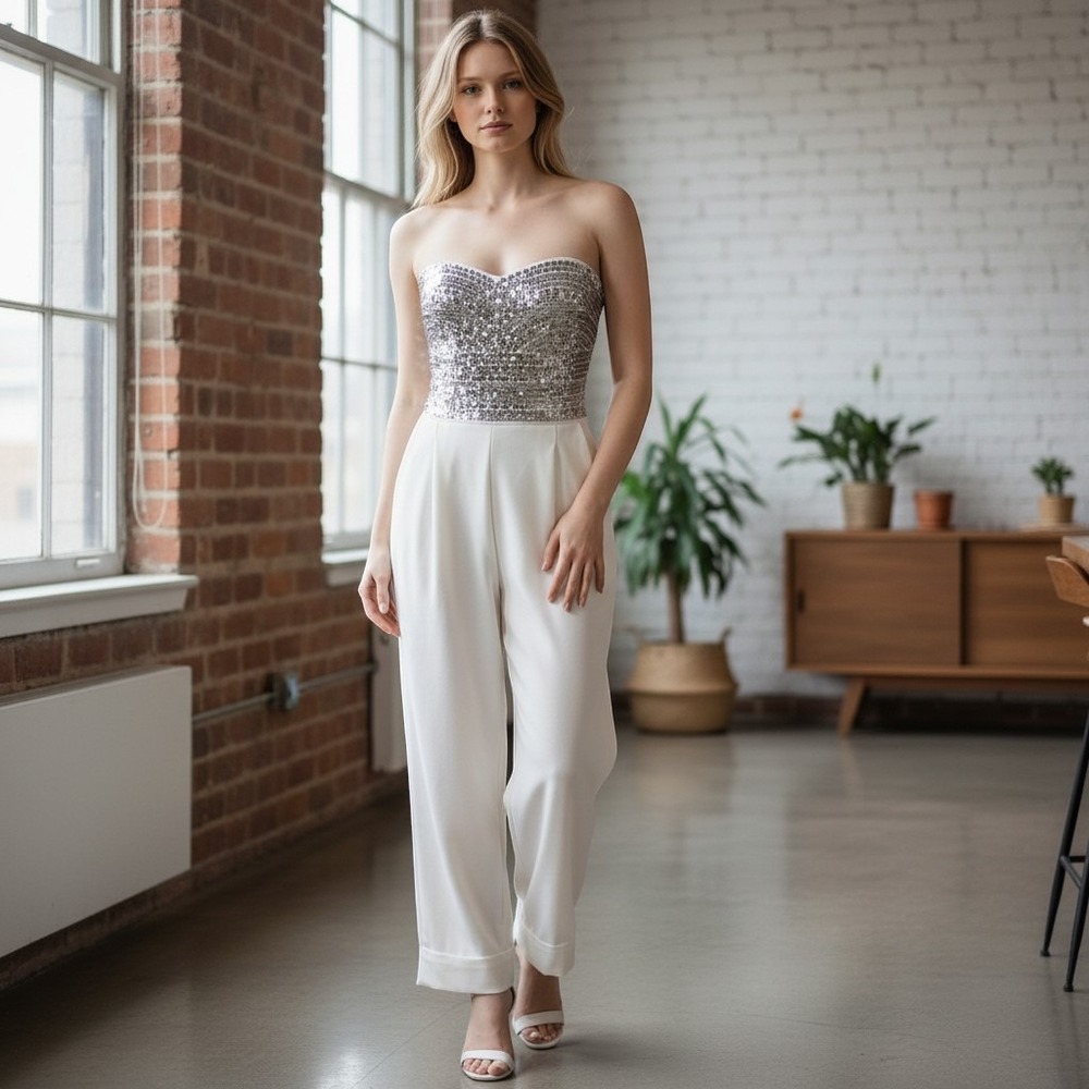 Express White Jumpsuit Sequin Strapless Chic | Size 2